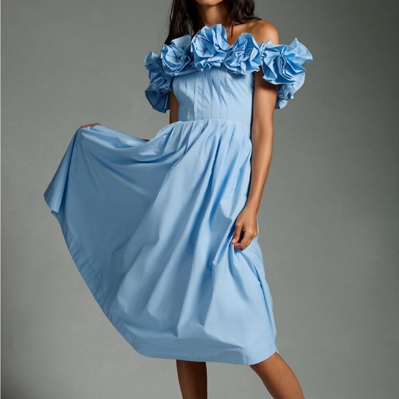 Anthropologie Dresses & Skirts - Anthropologie Light Blue Off-Shoulder Ruffle Midi Dress